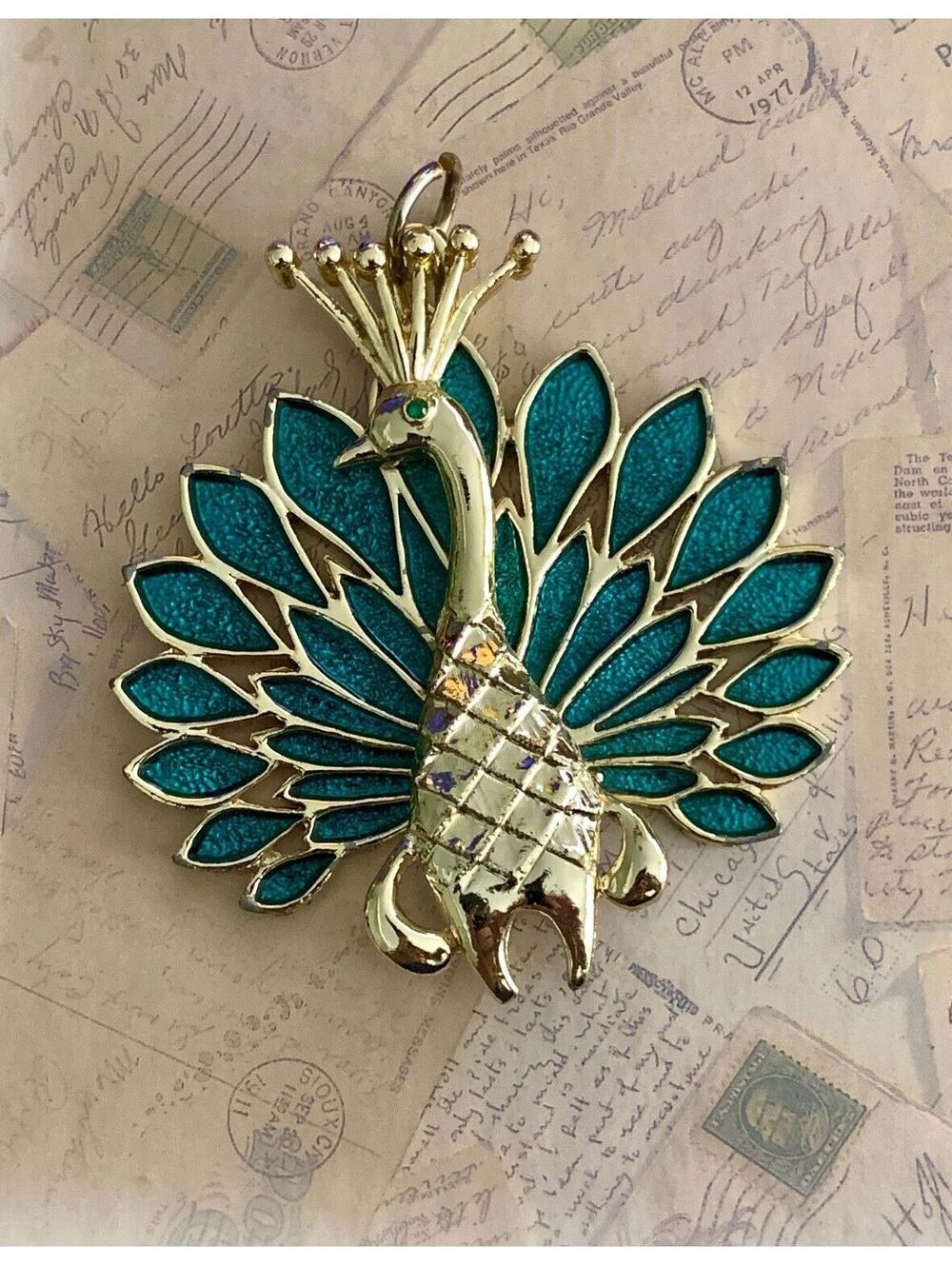 Vintage Signed Colorful Peacock Pendant Charm Gold-Tone Finish and Teal Accents
